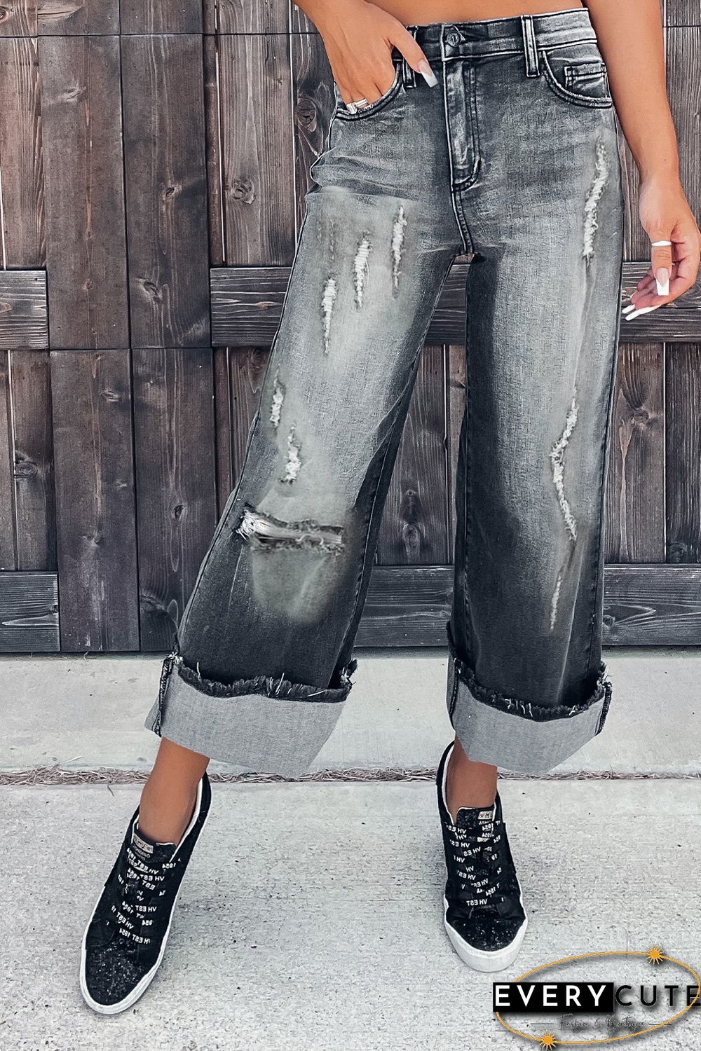 Gray Vintage Distressed Wide Leg Jeans