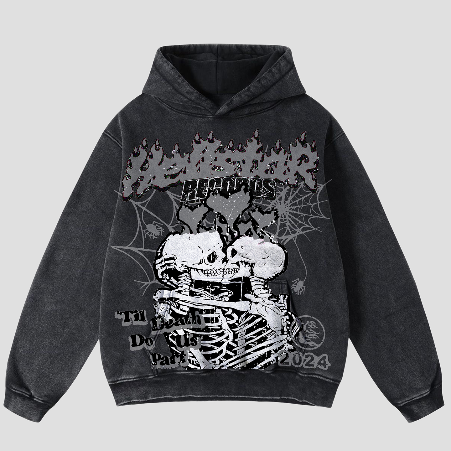 Vintage Til Death Do Us Part Skull Graphic Acid Washed Oversized Hoodie - SOPULA