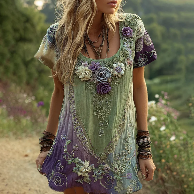 Classy Purple Lavender And Floral Embroidered Linen Short Sleeve T-shirt