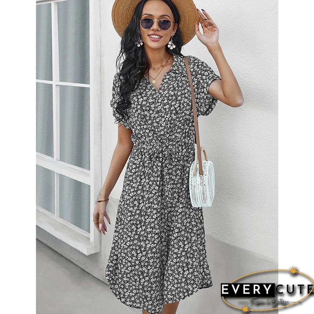 Black Floral Print Button Shirt Dress with Belt