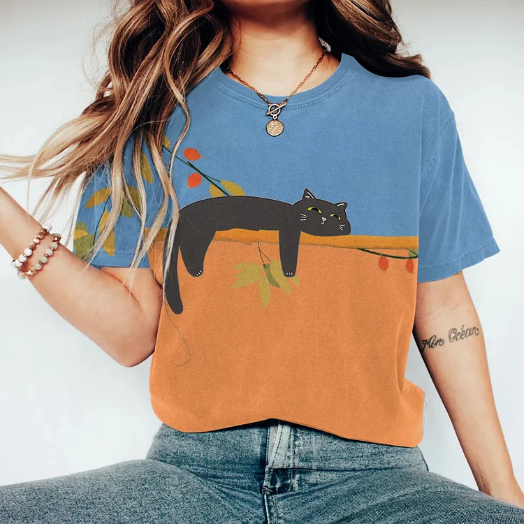 Abstract Creative Lovely Lazy Black Cat Painting Art T-Shirt