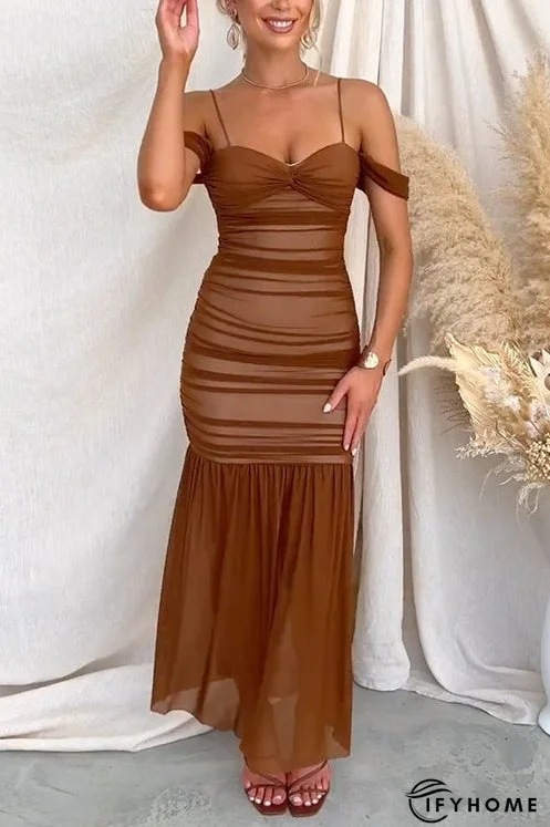 Cold Shoulder Twist Front Mesh Overlay Cami Maxi Party Dress | IFYHOME