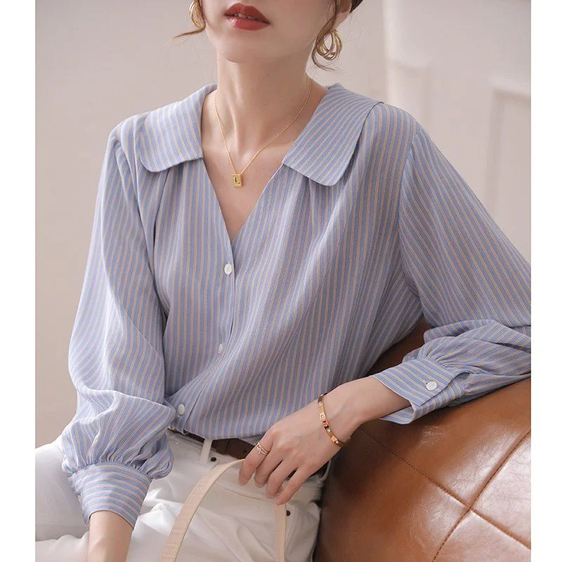 Jangj Spring Summer New Fashion Design Blue Striped Blouse Long Sleeve V-neck Loose Casual Shirt Korean Style Office Lady Shirts