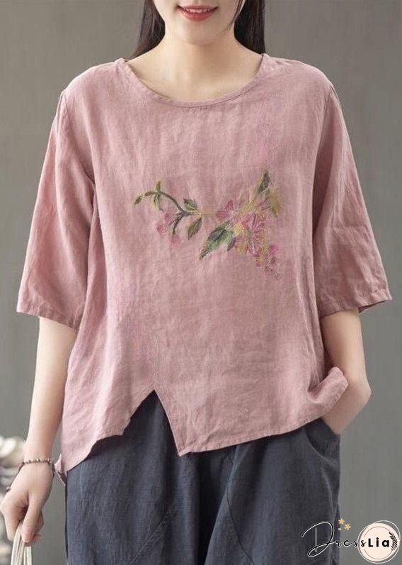 Loose Linen O Neck Print Linen T Shirt Half Sleeve
