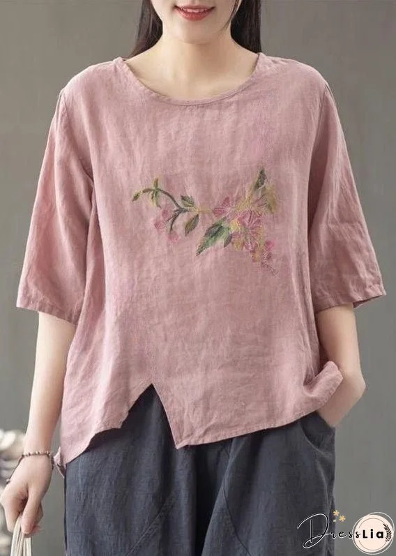 Loose Linen O Neck Print Linen T Shirt Half Sleeve