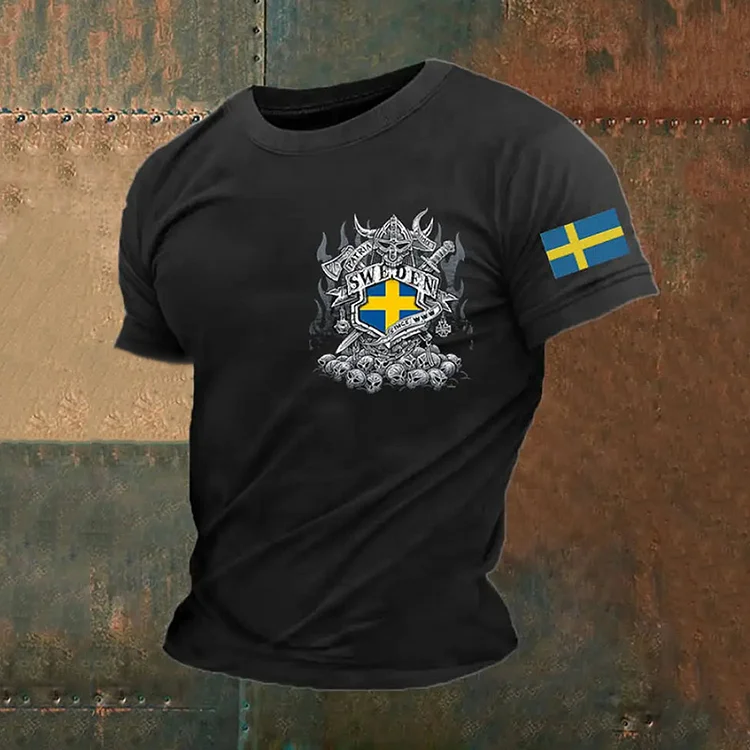 Men's Swedish Skull Flag Print Short-sleeved T-shirt