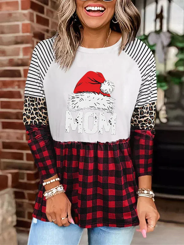 Women's Crew Neck Santa Print Long Sleeve T-Shirt