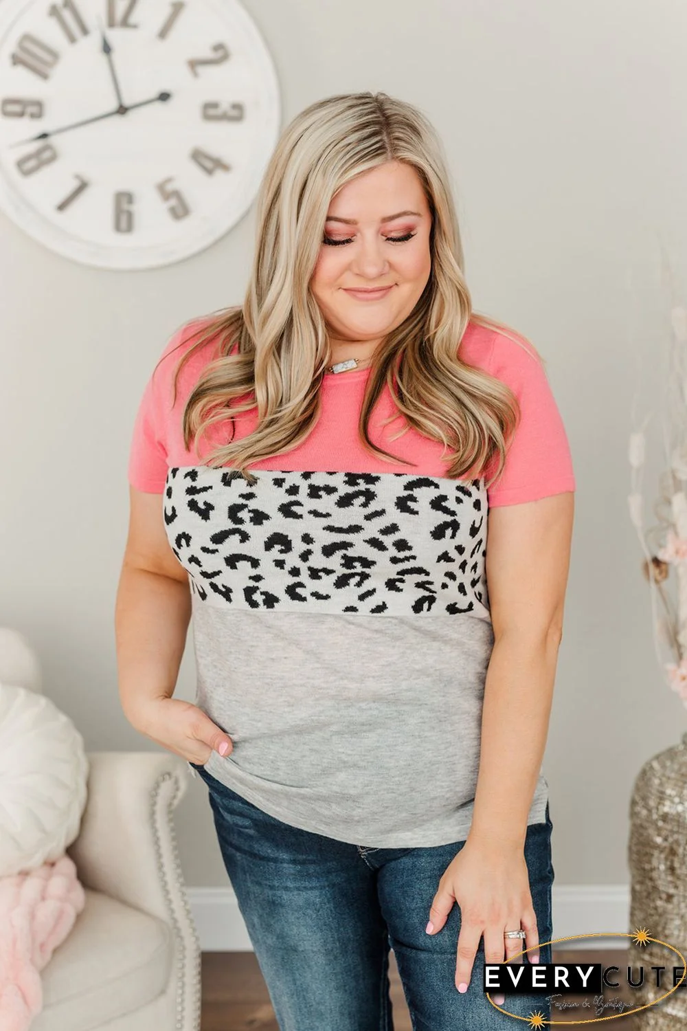 Color Block Leopard Splicing Plus Size Top