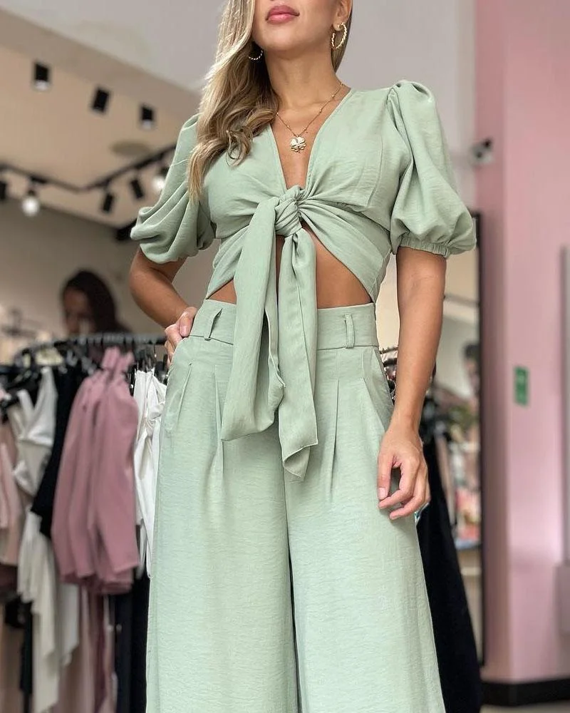 Sexy Lace Up Top Wide Leg Pants Set