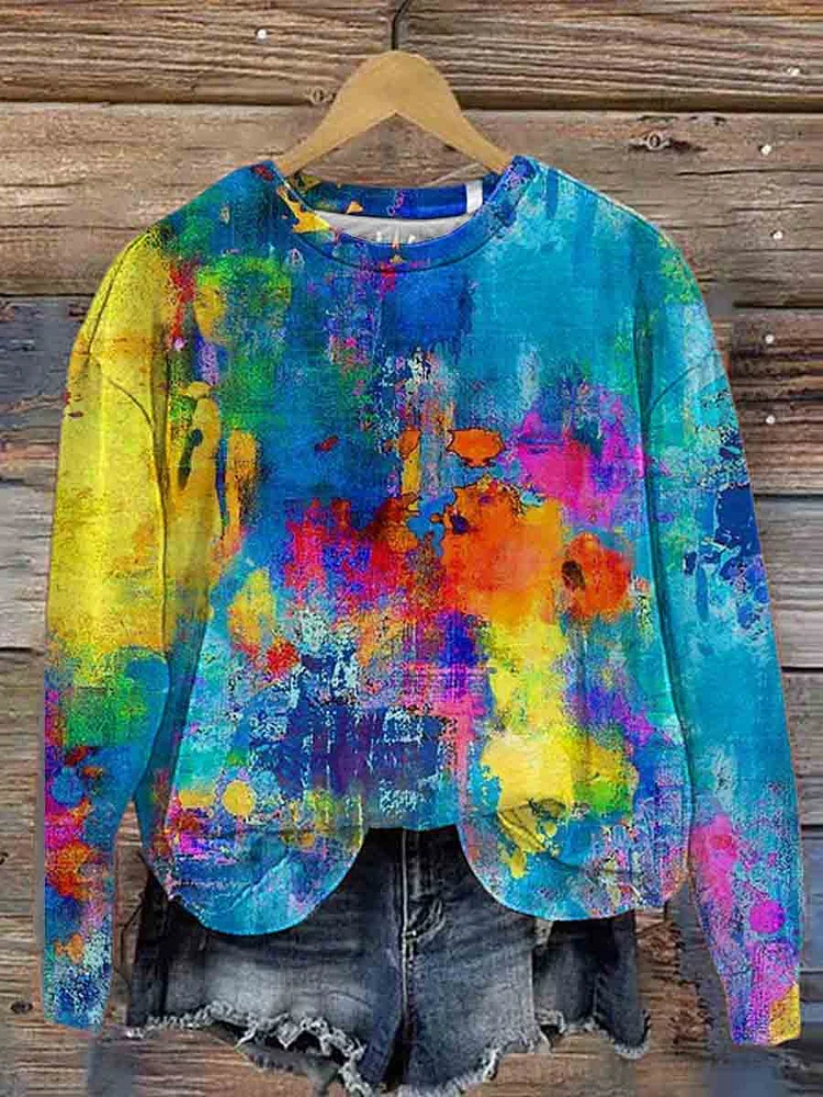 Women's Crew Neck Colorful Abstract Print Casual Sweatshirt