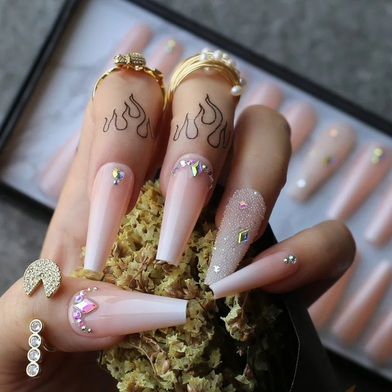 Beaeutiful Baby Boomer Ombre Long Coffin false nails Gift Luxury Crystal Galore Fake nails Box Press on nails Ballet-Nail Inspo
