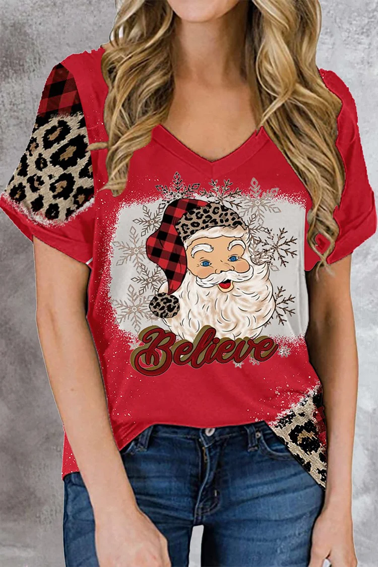 Leopard Christmas Believe Santa Short Sleeve T-shirt