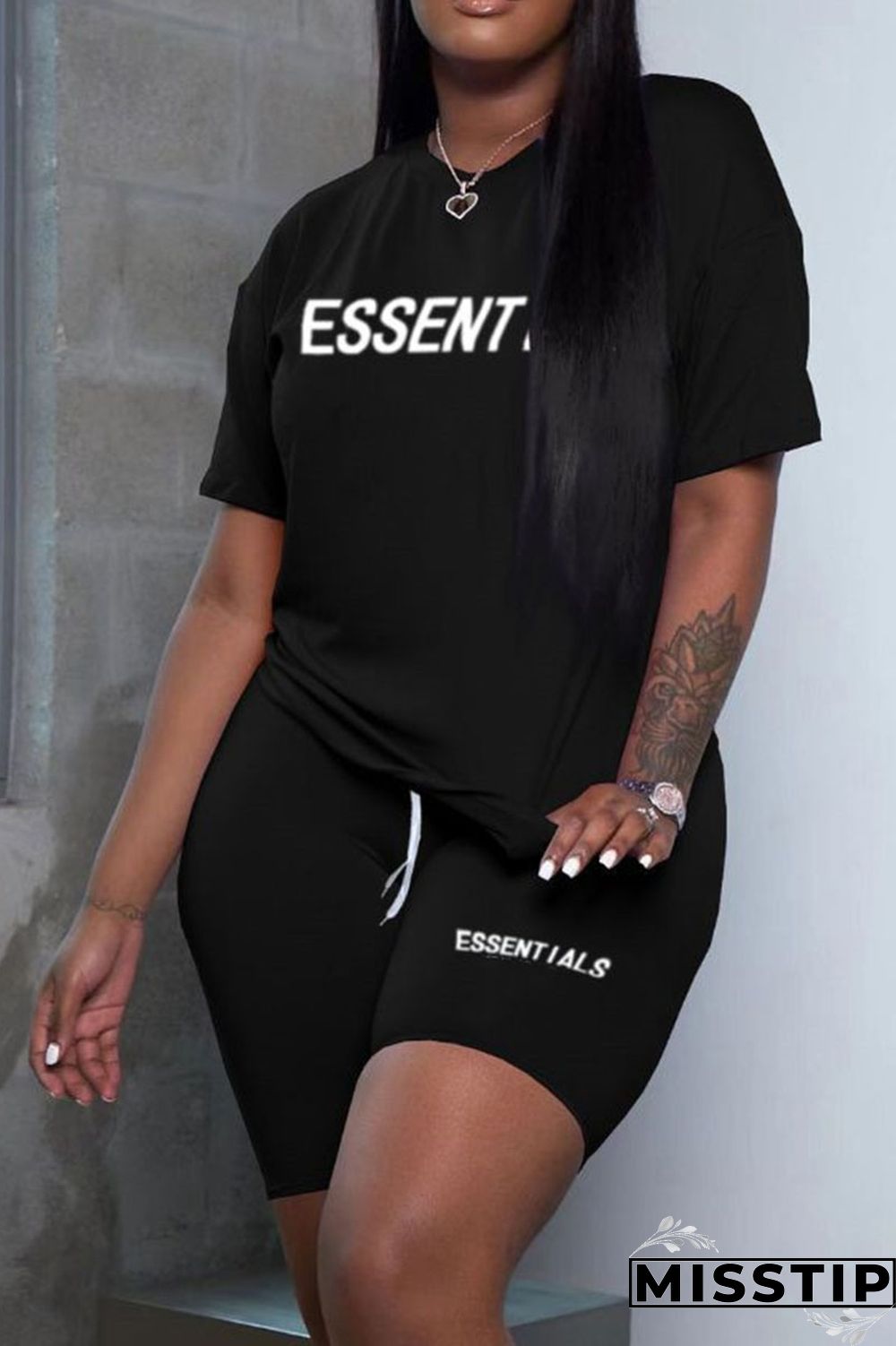 Black Casual Print Patchwork O Neck Short Sleeve Two Pieces