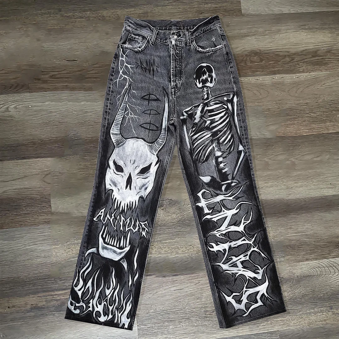 Funny Hippie Skull Print Jeans