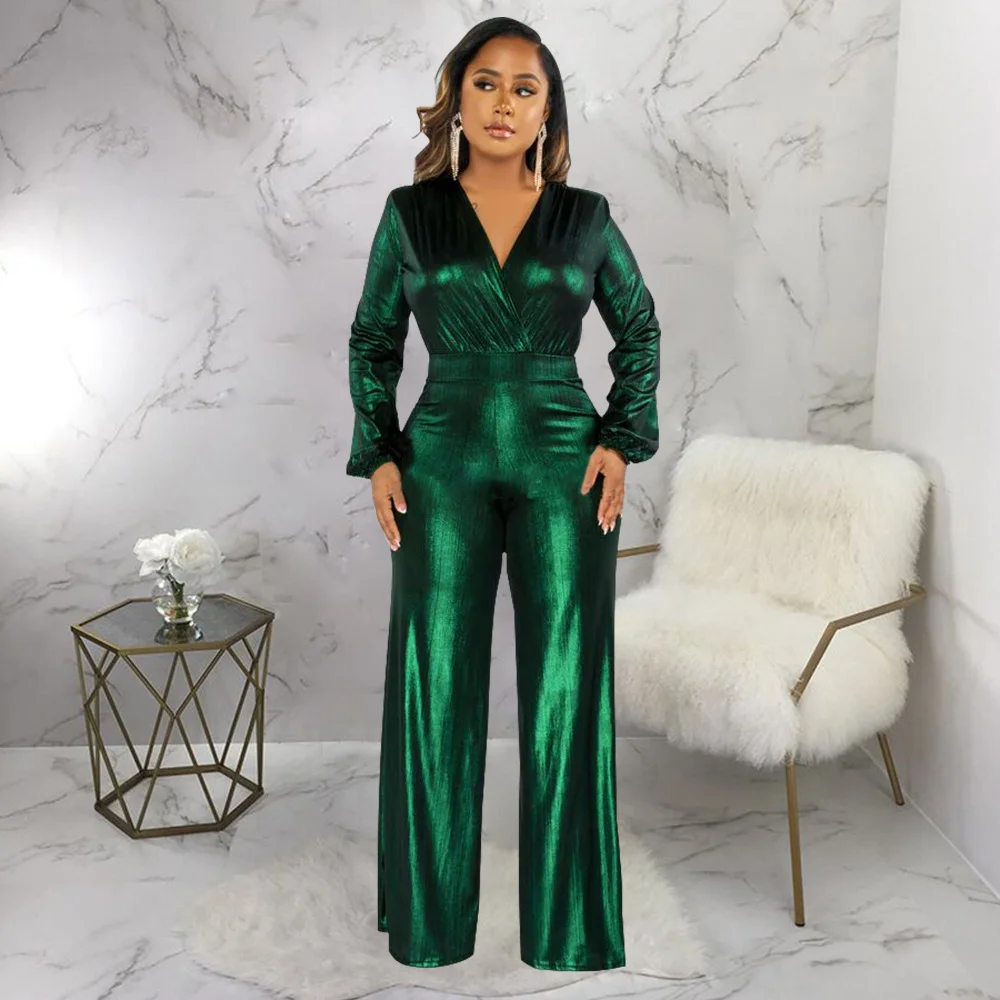 Party Reflective Half Sleeve V Neck Wide Leg Jumpsuit