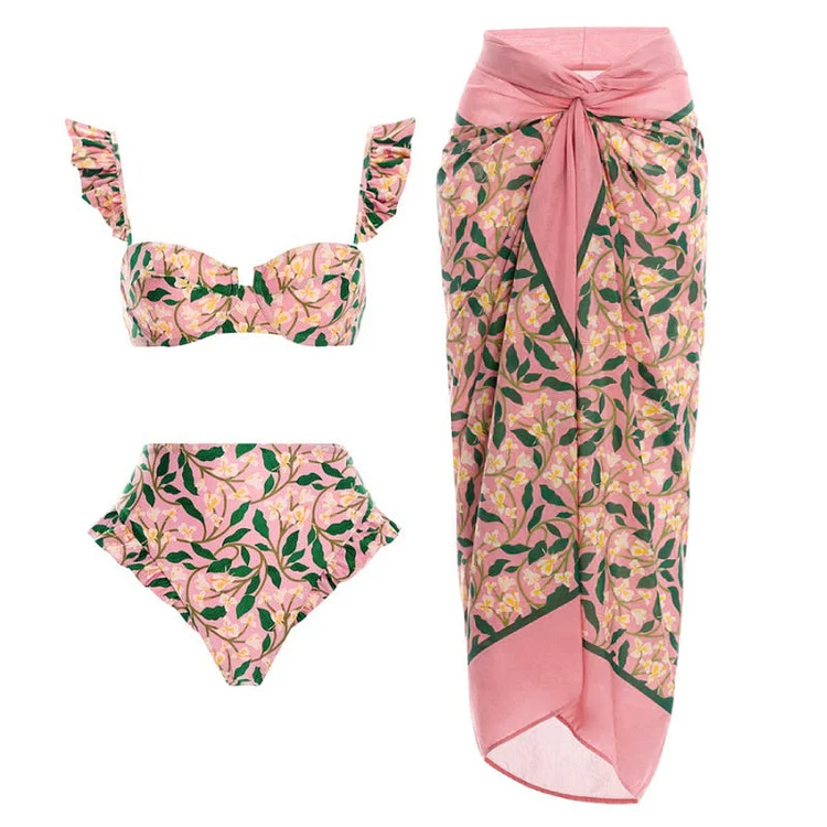 Ruffle Starp Floral Print High Waist Bikini Swimsuit and Sarong Flaxmaker