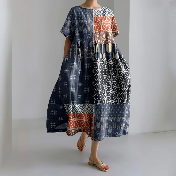 Japanese Art Patch Printed Crew Neck Casual Midi Dress