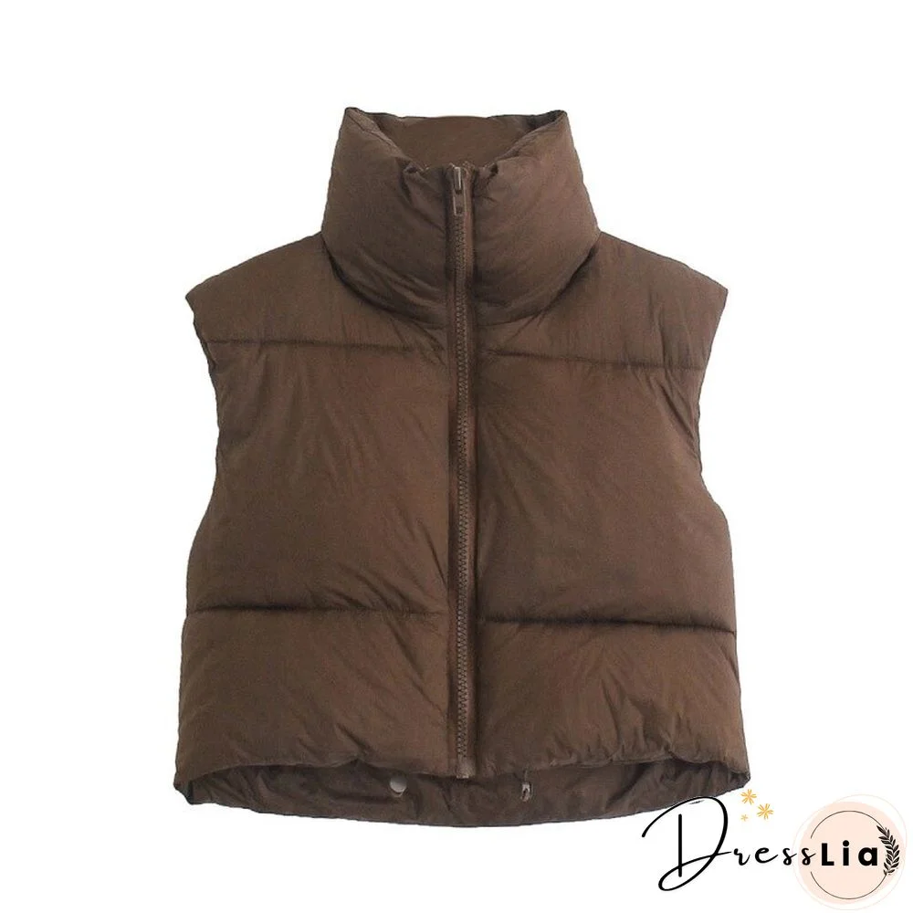 Women Fashion Brown Cropped Vest Coat Female Stand Collar Zipper Waistcoat Ladies Casual Outerwear