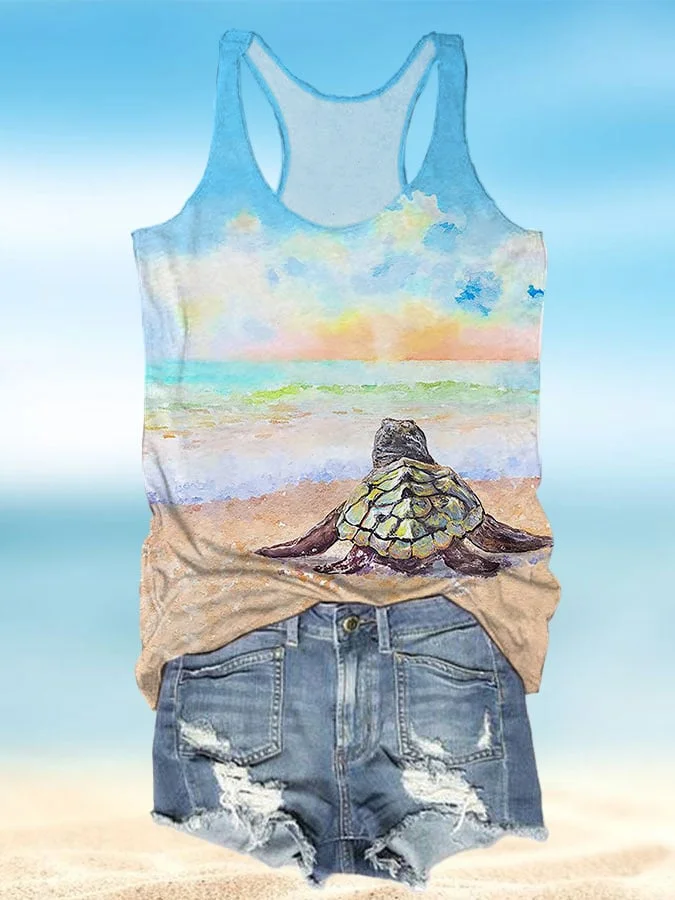 🔥Buy 3 Get 10% Off🔥Women's Vacation Turtle Print Casual Crew Neck Tank Top