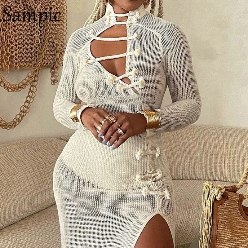 Sampic Classic Women Cheongsam Dress 2021 Mesh See Through Bodycon Long Sexy Club Fashion Dress Long Sleeve Autumn Wrap Dress