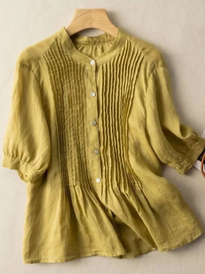 Women'S Linen Button Down Pleated Loose Shirt Top In Solid Color socialshop