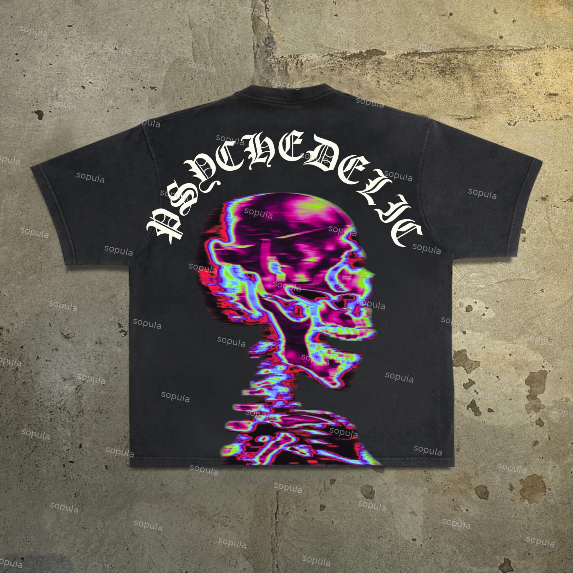 Heat-Inducing Skeleton Skeleton-Neckline Print Acid Washed T-Shirt - SOPULA