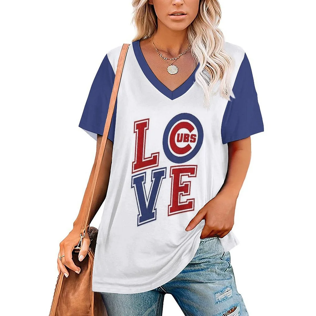 V-neck Short Sleeve Casual T-shirt for  Women Printed with Pattern,Blue,Red