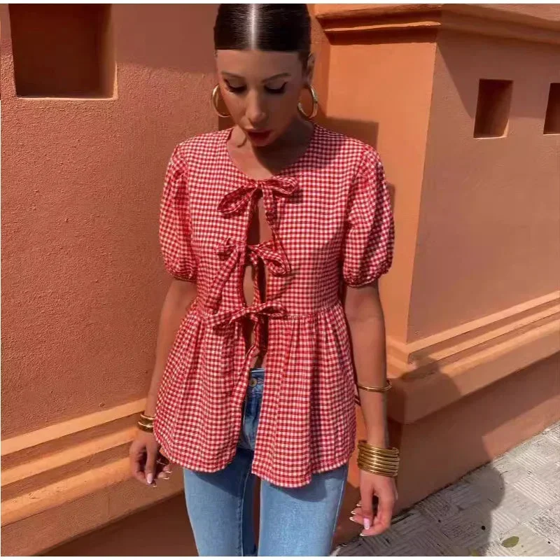 Huiketi Bow Lace Up Shirts Women O-neck Hollow Out Short Puff Sleeve Female Blouses 2024 Summer Casual Fashion Lady Ruffles Tops