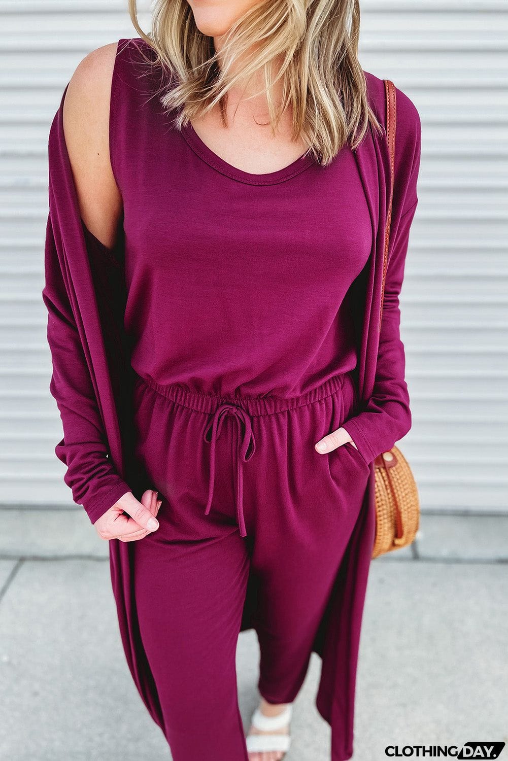 Elastic Drawstring Waist Jumpsuit and Duster Set