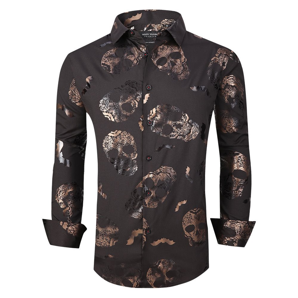 Men's Nightclub Long Foil Printed Shirt Black/Skull Alex Vando Fashion