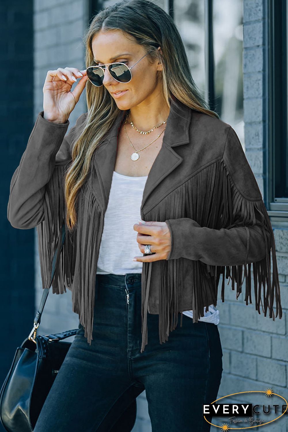 Gray Cropped Fringe Faux Suede Jacket
