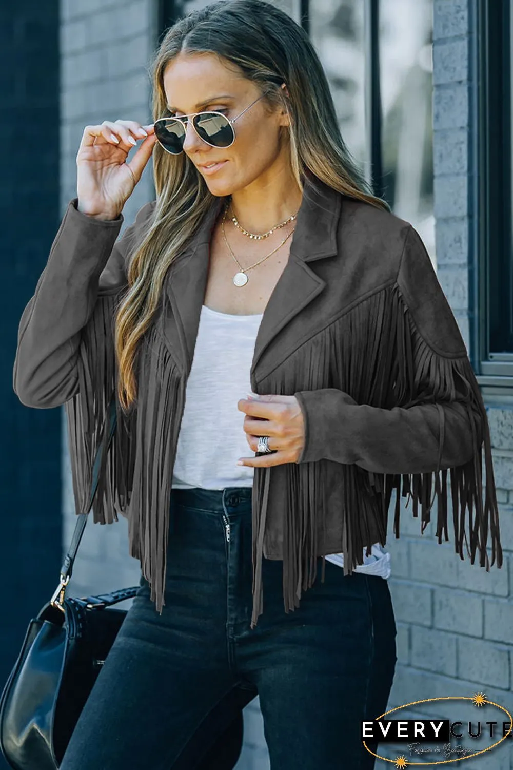 Gray Cropped Fringe Faux Suede Jacket