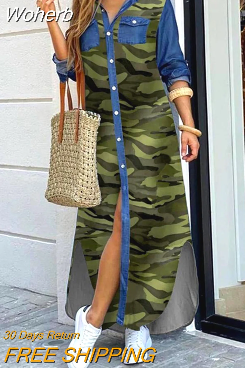 Woherb Dresses for Women S~5xl Scarf Chain Print Button Down Shirt Dress Y2k Vestidos De Mujer Casual Elegant Midi Robe Female-Outfit Ideas