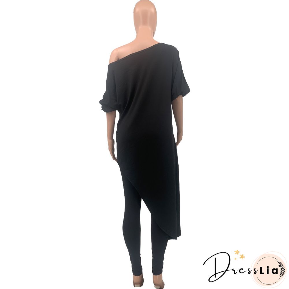 Plus Size Summer Clothes Solid Color Half Sleeve Slant Shoulder Loose Long T Shirt Top Pants 2 Piece Set