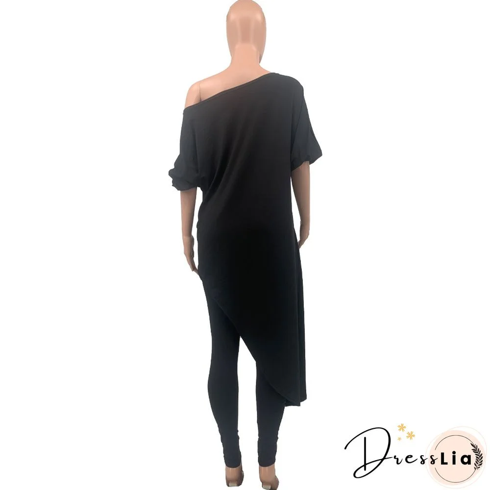 Plus Size Summer Clothes Solid Color Half Sleeve Slant Shoulder Loose Long T Shirt Top Pants 2 Piece Set