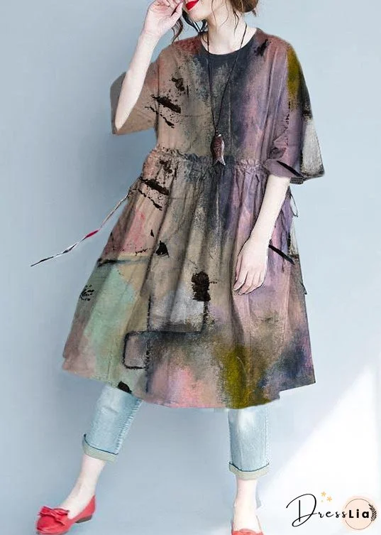 Italian Black Geometry Linen Quilting Dresses Ruffles Loose Summer Dress