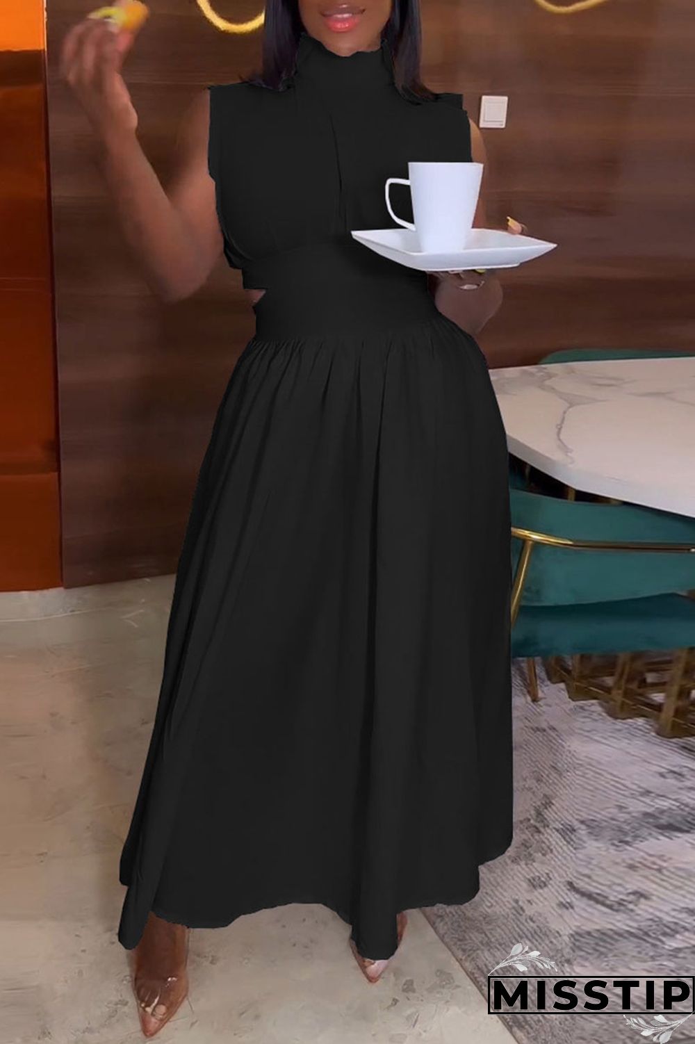 Black Elegant Solid Hollowed Out Patchwork Half A Turtleneck A Line Dresses