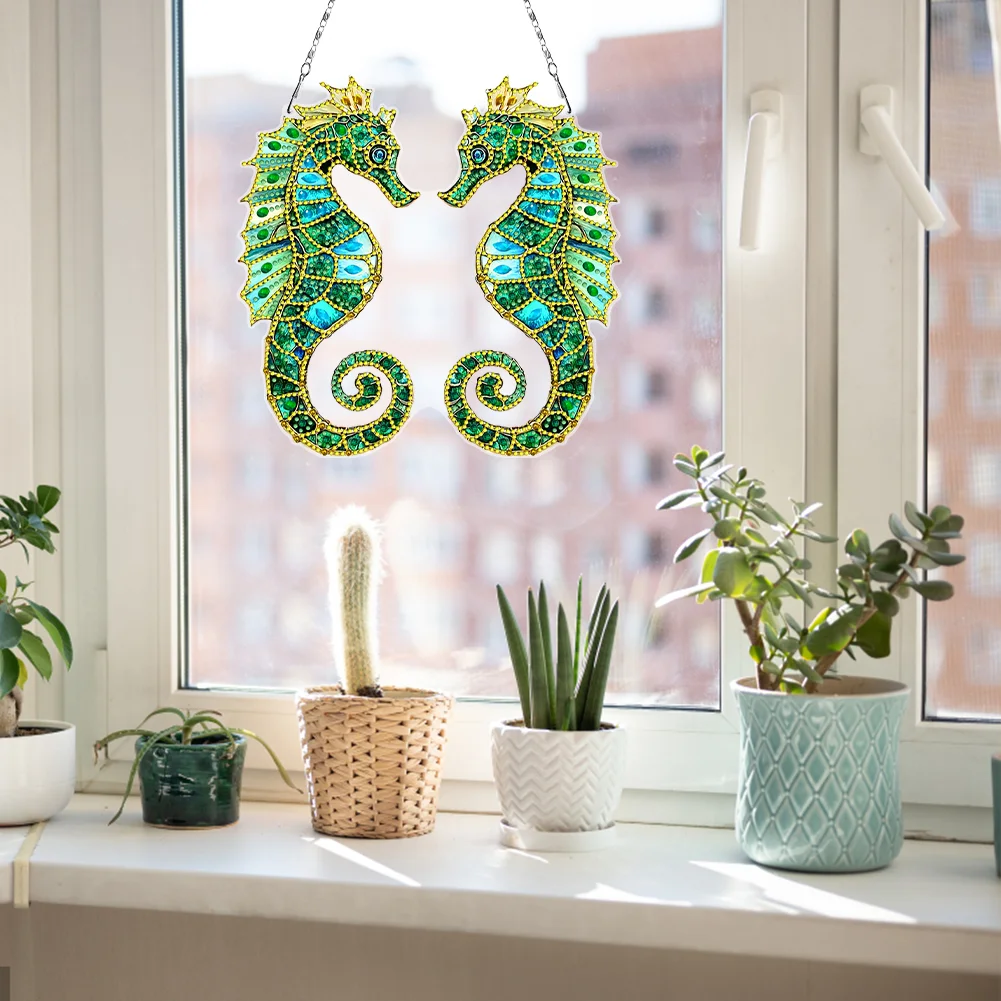 2D Flat Seahorse DIY Diamond Art Pendant Window Hanging Art for Home Wall Decor