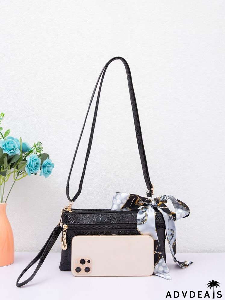Embossed Detail Twilly Scarf Decor Crossbody Bag