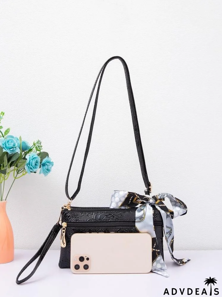 Embossed Detail Twilly Scarf Decor Crossbody Bag