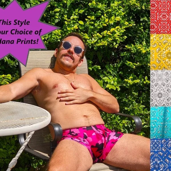 Pornhint Men's Pouch and Booty Swim Trunks in Metallic Bandana Print, Hanky Code, Square Cut Swimsuit with Enhancing Pouch and Butt Seam