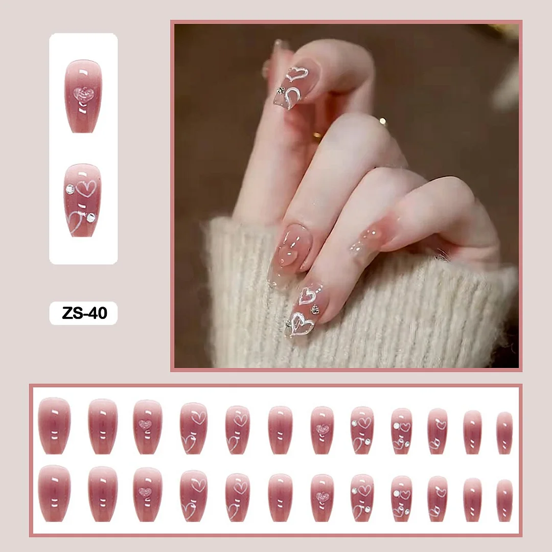 24pcs Artificial Diamond Gradient Fake Nails With Glue Lovely Pink Flesh-colored Nail Art Fake Nails Long With Wearing Tools-Nail Inspo