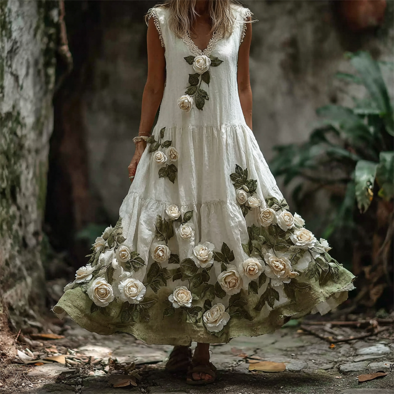 Comstylish Vintage White Roses Fiber Art Contrast Hem Linen Maxi Dress