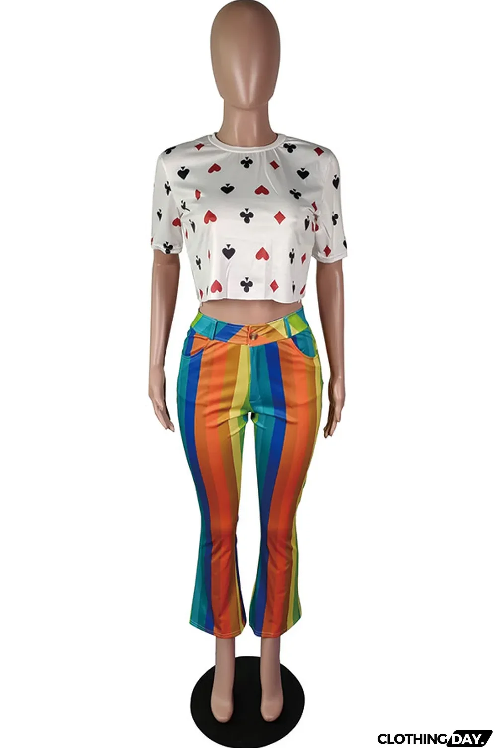 Multi-color Polyester Elastic Fly Mid Striped Print Patchwork Boot Cut Pants Pants