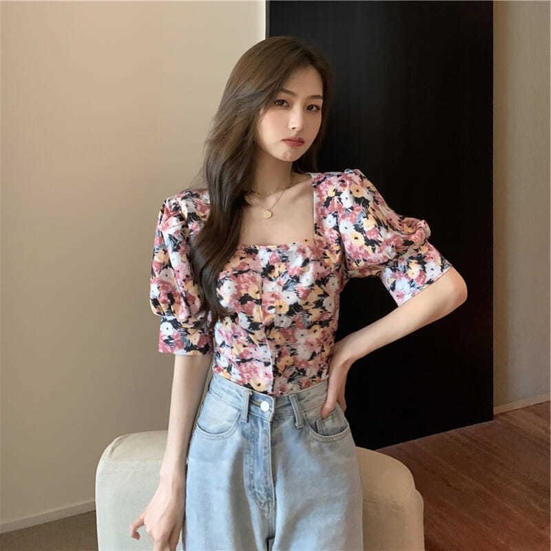 Blouses Women Floral Vintage College Slim Fashion Popular Puff Sleeve Elegant BF Square Collar Retro Bow Design Summer All-match