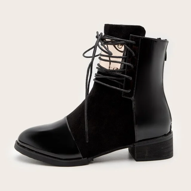 Qengg Brand fashion PU leather women's motorcycle boots Autumn leather Lace-Up Ankle boots Female winter snow boots 35-43