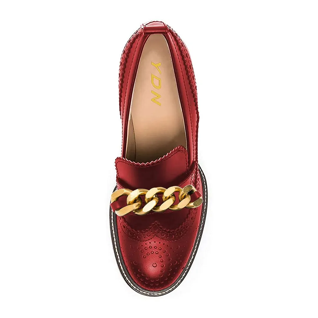 Red Round Toe Brogue Chunky Heel Chain Loafer Shoes Women