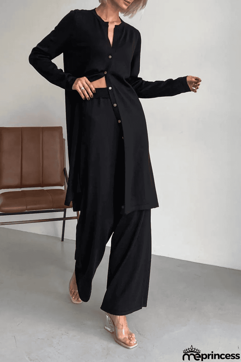 Casual Solid Buckle Cardigan Collar Long Sleeve Two Pieces