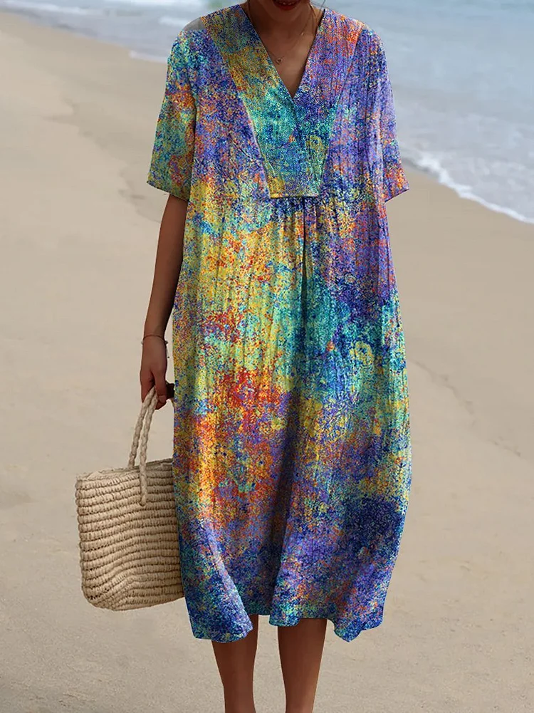 Women's Colorful Vintage Print Pocket Linen Dress