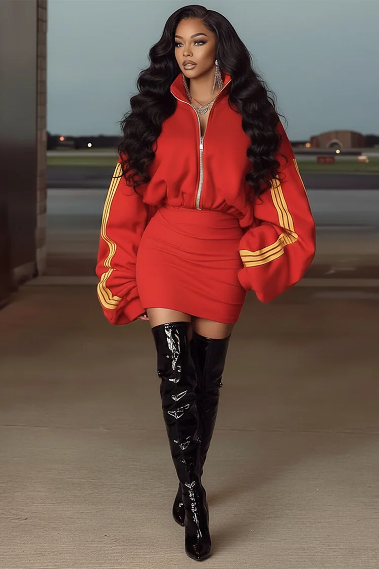 Stand Collar Stripe Zip-Up Sweatshirt Mini Skirt 2pcs Set-Red [Pre Order]